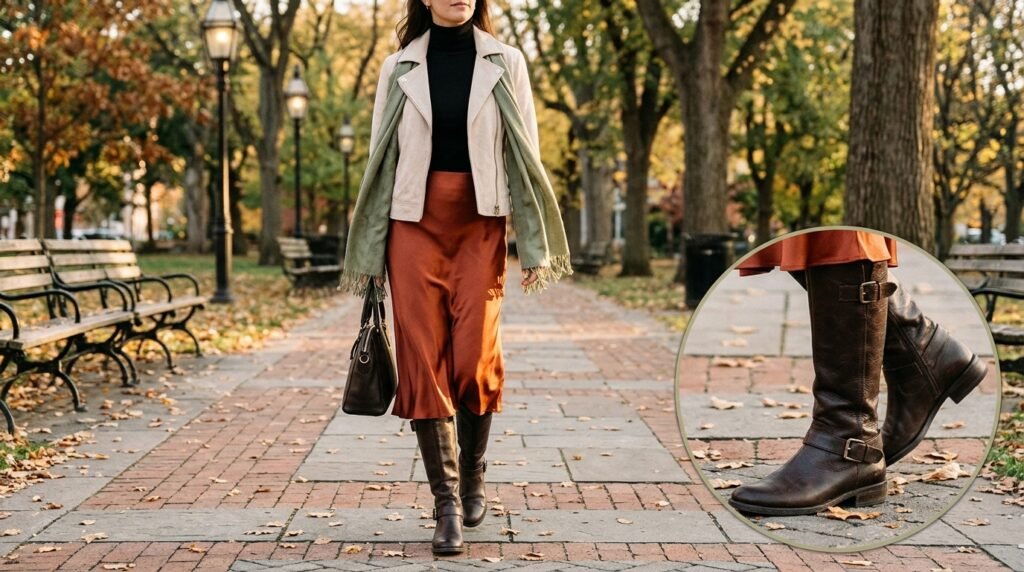 A satin midi skirt, turtleneck, knee-high buckle boots, and suede jacket on a park walkway.
