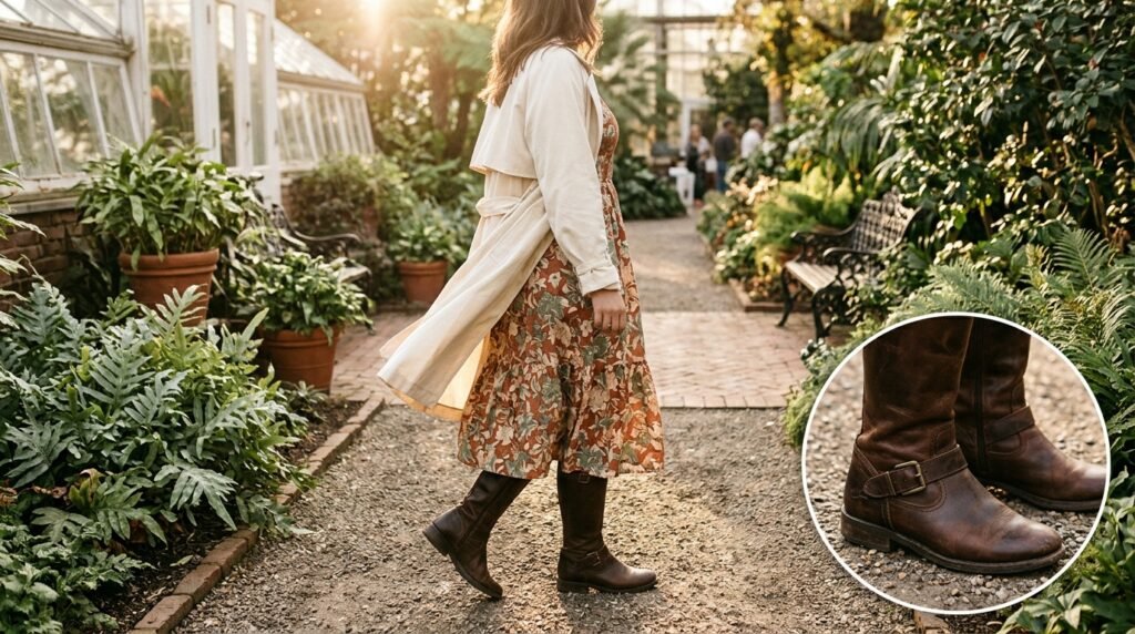A floral midi dress, trench coat, and tall buckle riding boots on a botanical garden path.