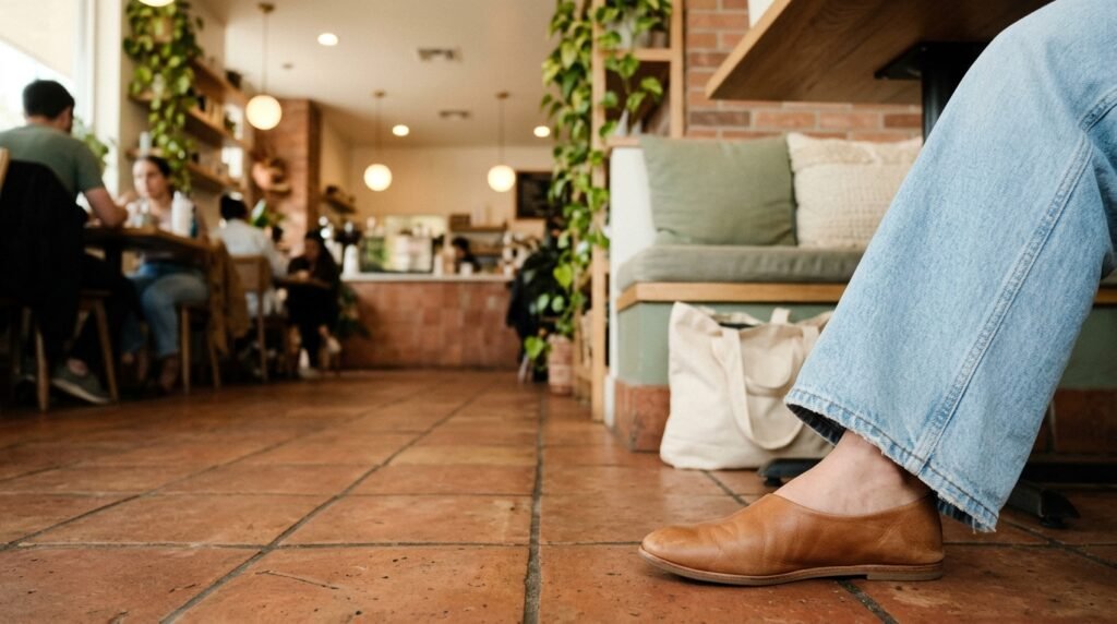 Wide-leg jeans and minimalist leather flats worn inside a cozy coffee shop.