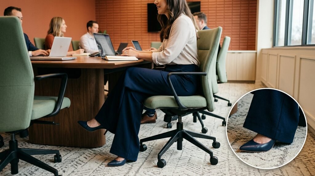 Full-length navy wide-leg trousers and pointed pumps inside a corporate conference room.