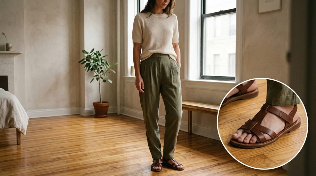 Olive green pleated trousers, a cream knit sweater, and brown leather flat sandals.