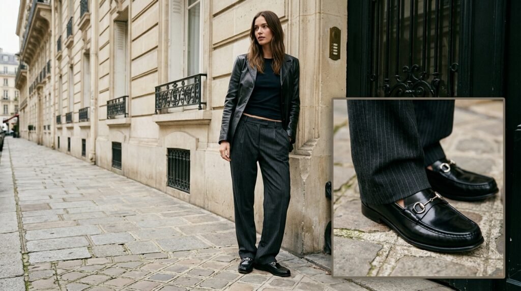 A woman standing outdoors wearing pinstripe trousers, a leather jacket, and loafers.