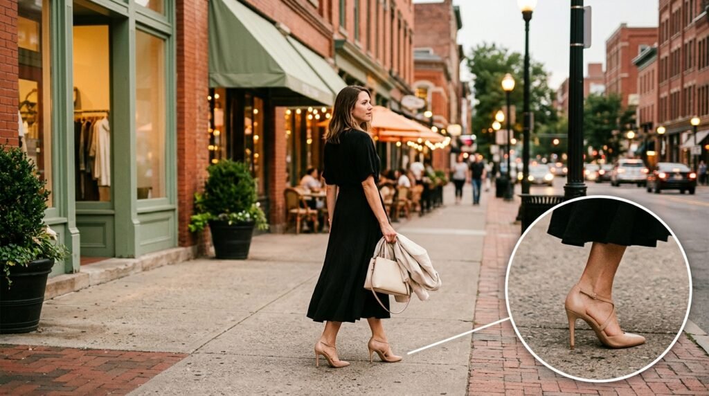 Pairing neutral heels with a little black dress offers a softer, modern alternative to heavy black pumps.
