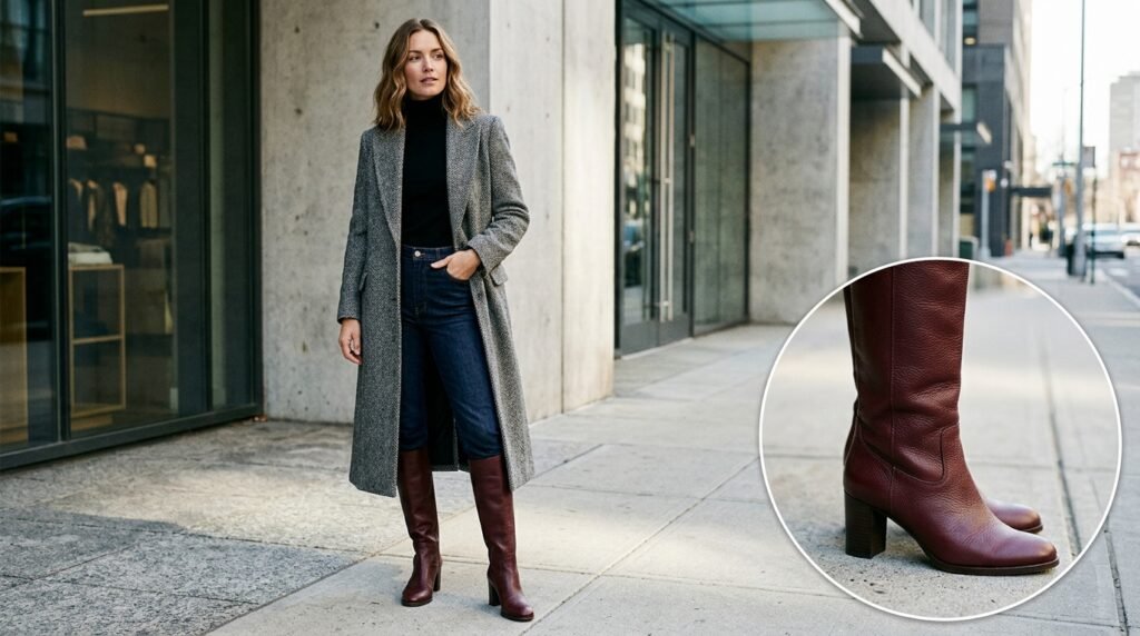 A woman wearing a grey tweed coat, a black turtleneck, dark denim, and burgundy boots against a wall.