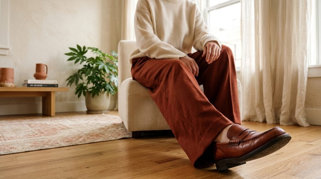 Wide-leg pleated wool trousers and a cashmere sweater resting on a chair.