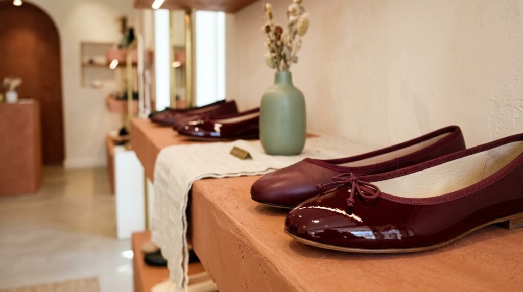 Matte leather and patent burgundy ballet flats displayed on a clean wooden shelf inside a luxury boutique.