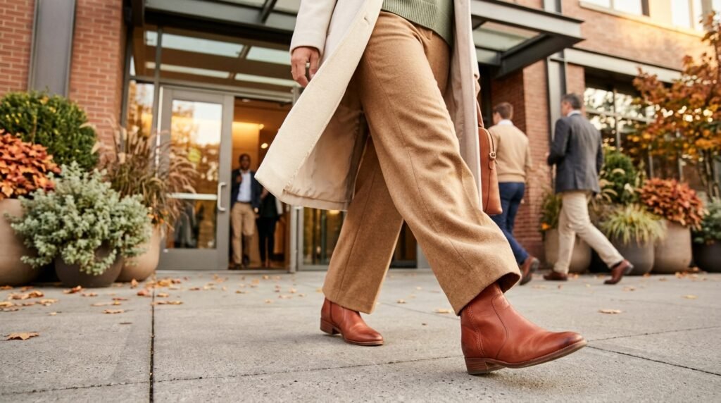Camel wool wide-leg trousers and slim ankle boots at a corporate building entrance.
