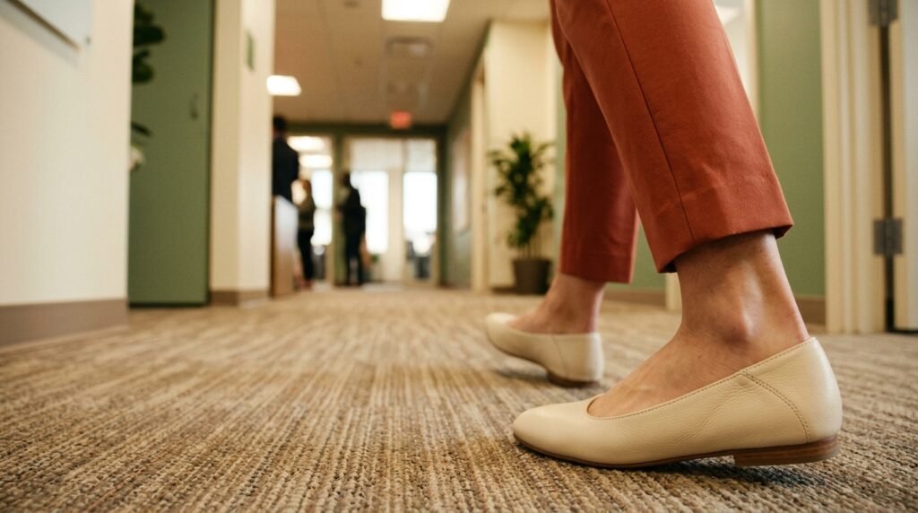 Ankle-cropped cigarette trousers and low-profile flats worn in a corporate hallway.