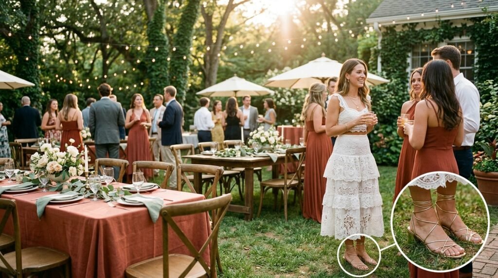 A white lace matching set paired with gold strappy sandals at an outdoor garden party.