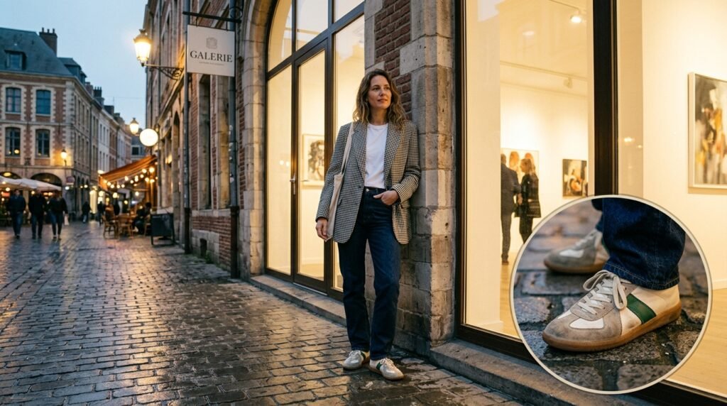 A woman wearing dark jeans, a houndstooth blazer, and retro sneakers outside a building.
