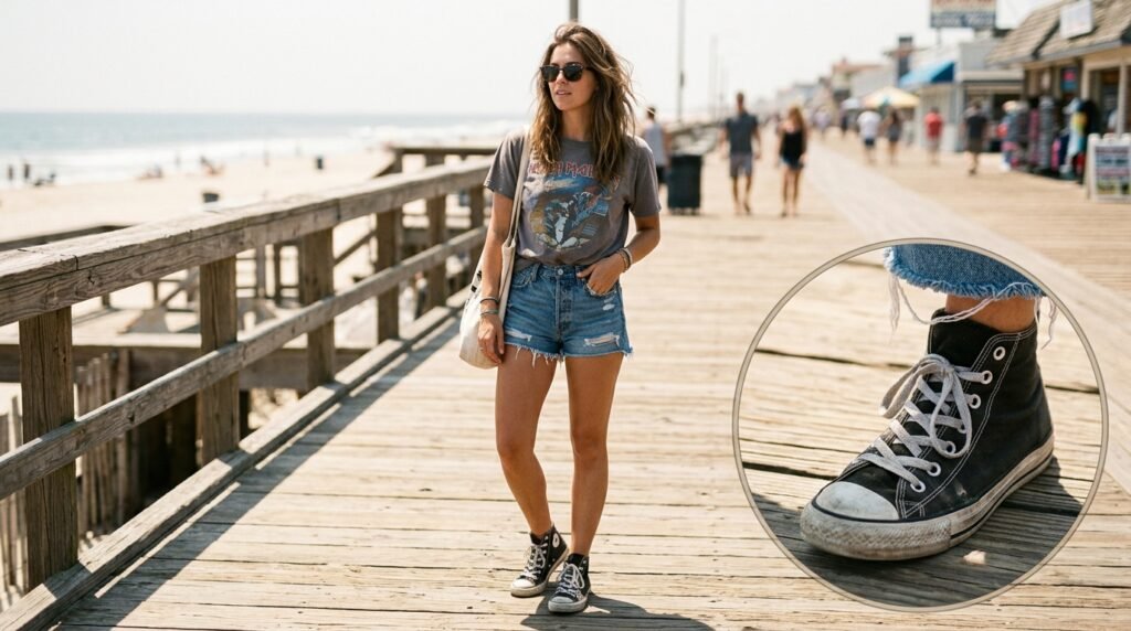 A woman on a boardwalk wearing denim shorts, a graphic tee, and high top sneakers.