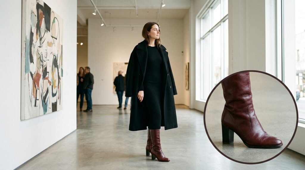 A woman in an art gallery wearing a black knit dress, a black coat, and burgundy boots.