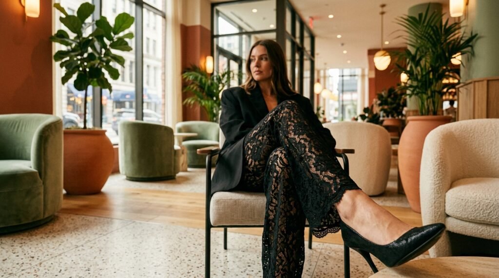 A black lace set, pointed black pumps, and an oversized blazer in a modern upscale lobby.