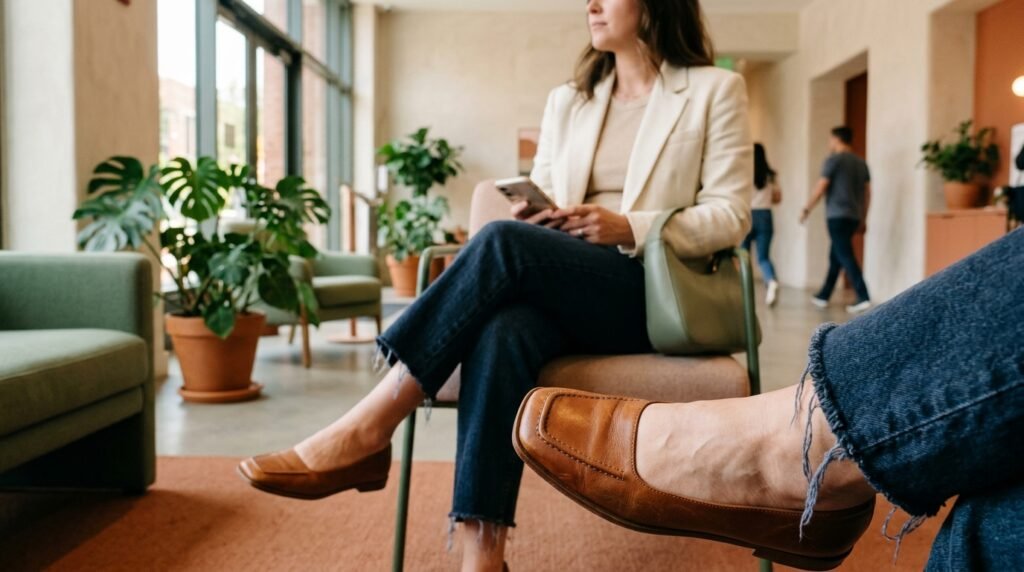 Raw-hem denim and a structured blazer paired with square-toe flats in an office lobby.