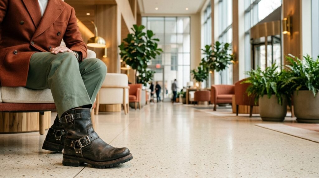 A double-breasted blazer, tailored trousers, and heavy-hardware biker boots in an office lobby.