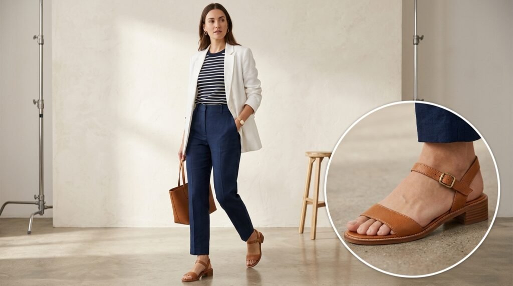 Navy trousers, a striped t-shirt, a white blazer, and tan leather sandals.