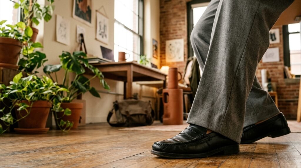 Pleated grey wide-leg trousers and black leather loafers in a creative office workspace.