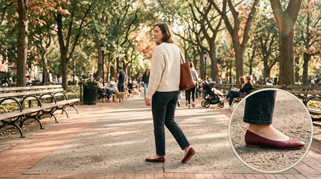 Dark-wash straight jeans, a cream cable-knit sweater, and burgundy flats on a park walkway.