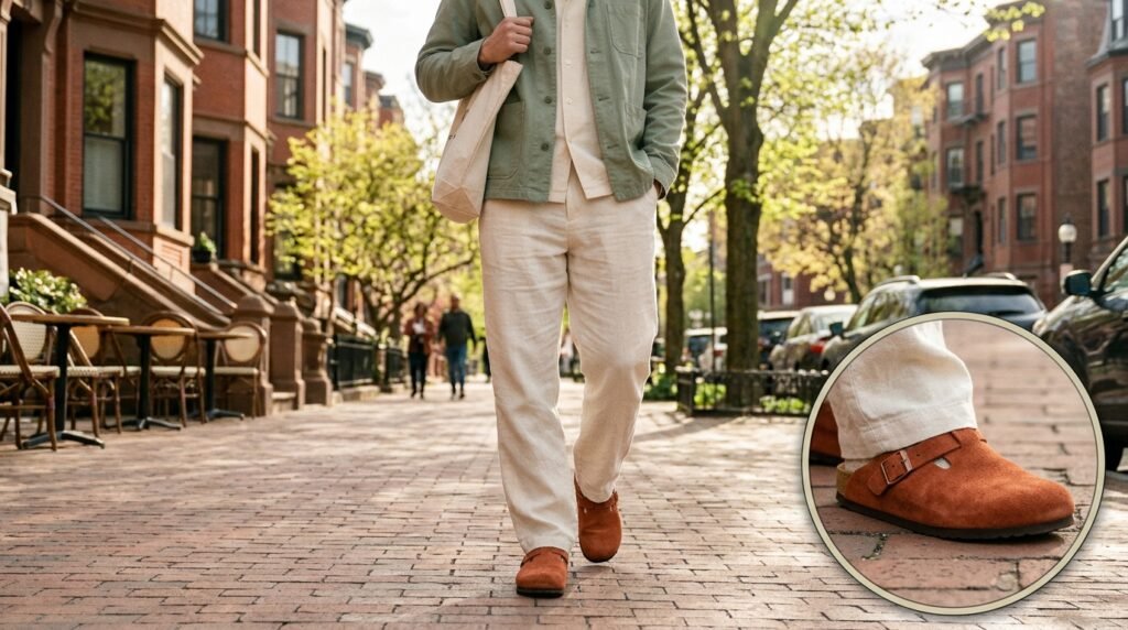 Full-length linen pants and suede clogs on a spring city street.
