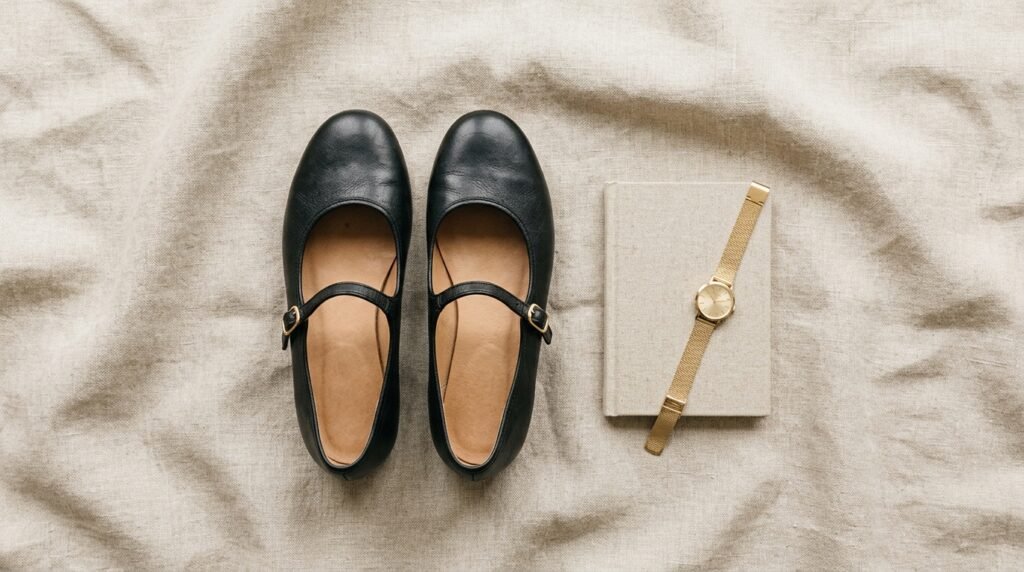 A pair of black leather Mary Jane flats resting on neutral linen fabric next to accessories.