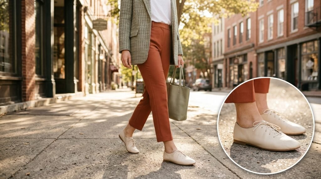 Cropped trousers expose a sliver of ankle, framing the low-profile shape of jazz flats perfectly.