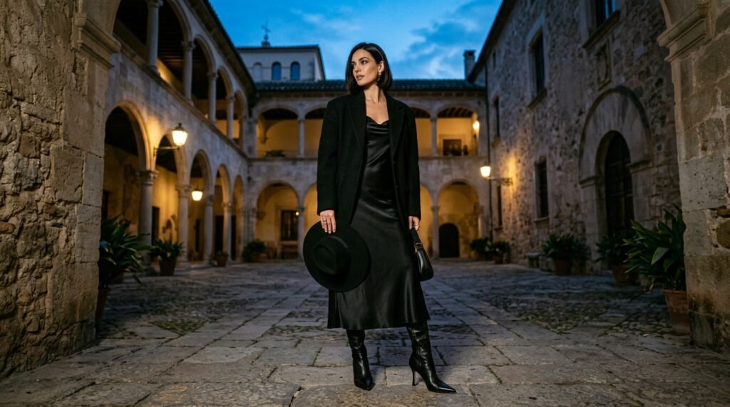 Modern chic witch costume featuring a black satin slip dress and pointed boots.