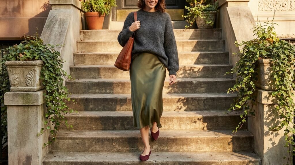Olive satin slip skirt and charcoal sweater styled with pointed burgundy suede flats.