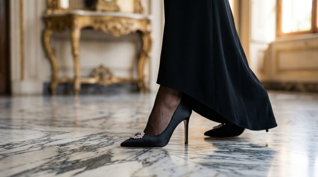 Pointed black satin pumps with crystal brooches paired with a black formal dress.