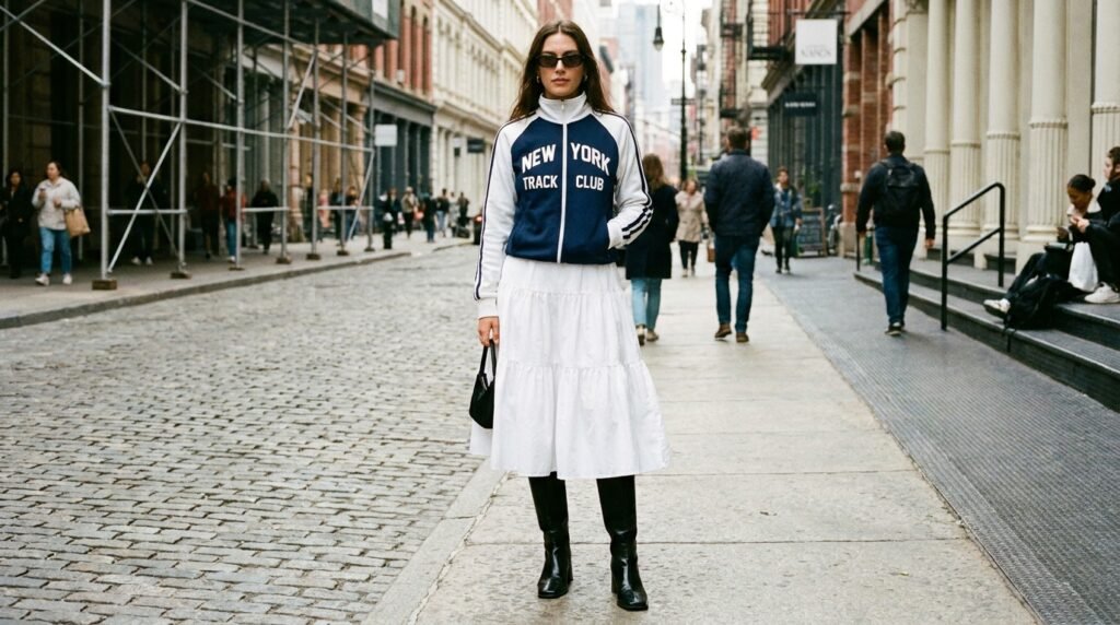 Model wearing an athletic track jacket, white poplin skirt, and black square-toe knee-high boots.