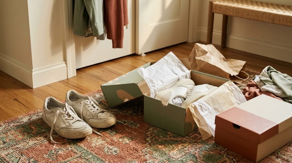 Boxed new shoes and worn sneakers arranged on a dressing room floor.