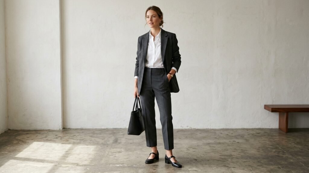 Tailored charcoal trousers, a white button-down, a structured blazer, and black Mary Jane flats.