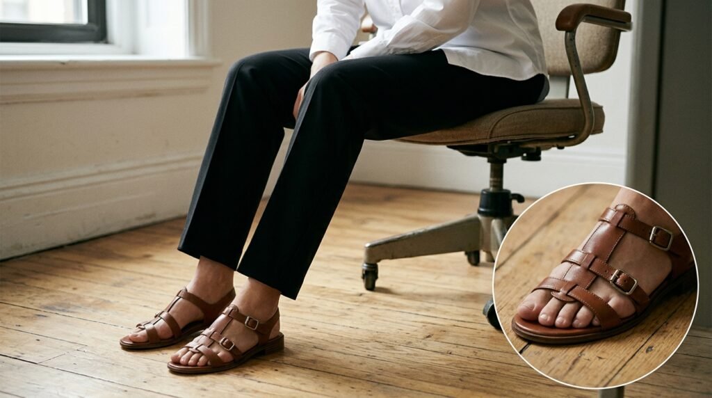 Black tailored trousers, a white shirt, and brown leather strappy sandals on a wooden floor.