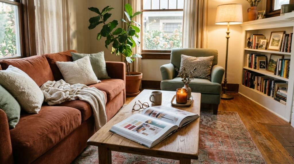 An open book resting on a wooden coffee table in a warm room setting.