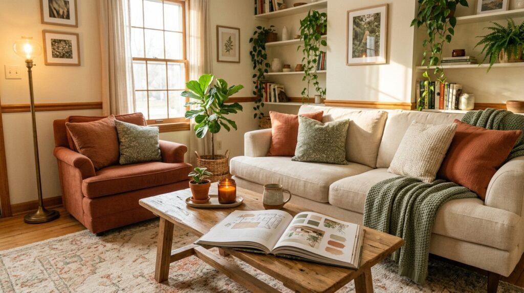 An open style guide book resting on a wooden coffee table in a warm room.