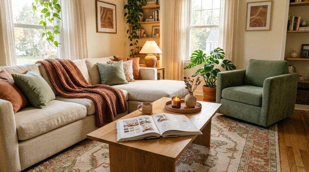 An open book resting on a wooden coffee table in a warm room setting.