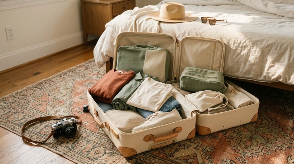 An open travel suitcase neatly packed with clothing and a pair of versatile sneakers.