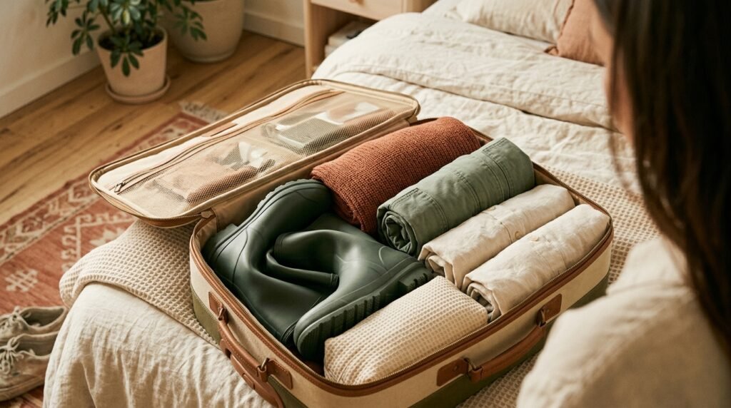 Folded packable rain boots packed inside an open travel suitcase.