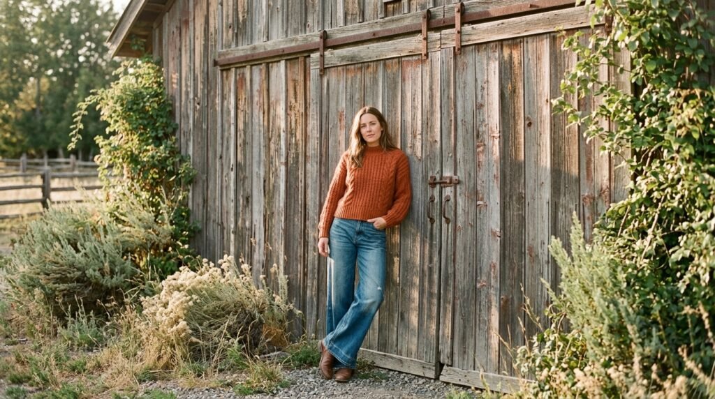 An orange knit sweater and relaxed wide-leg denim jeans displayed against a rustic wooden barn.