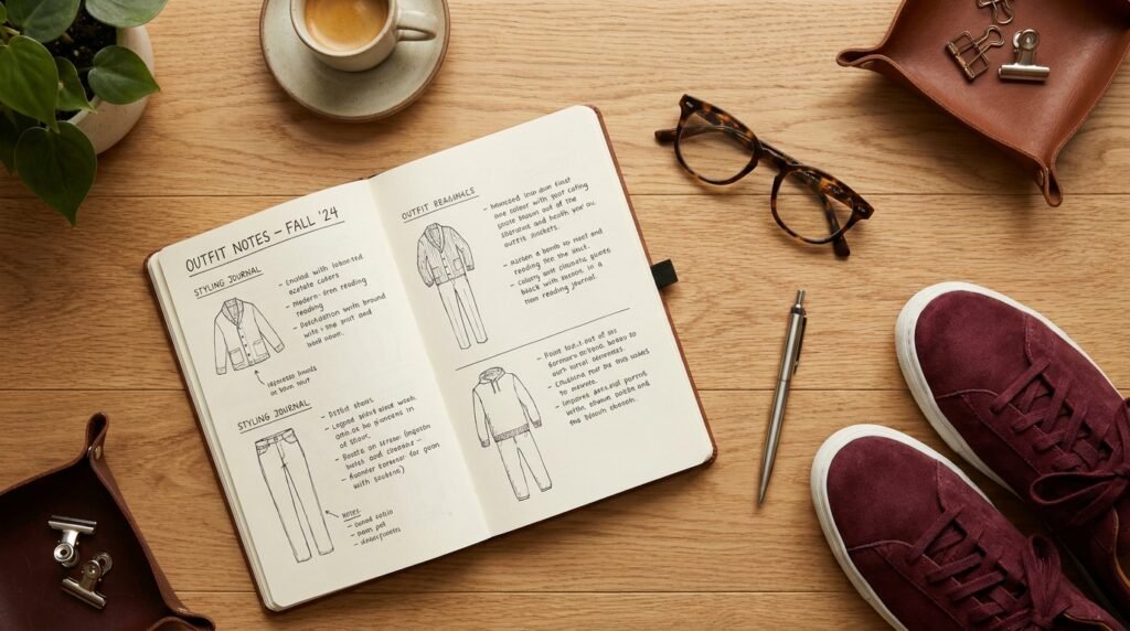 Workspace flat lay with styling notebook, coffee cup, and casual burgundy sneakers.