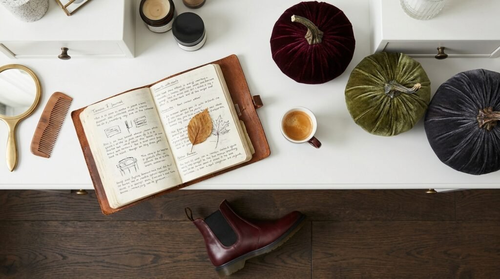 Styling desk flat lay with notebook, coffee, and burgundy leather knee-high boots.