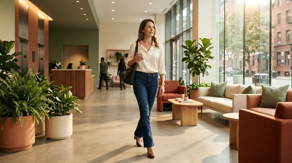 Dressy bootcut jeans, a silk blouse, and block-heel pumps in an office lobby.