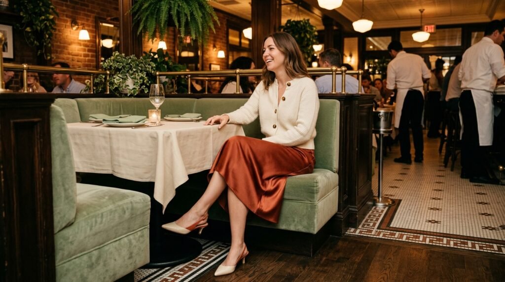 A button-up cardigan and satin midi skirt styled for a dinner date setting.