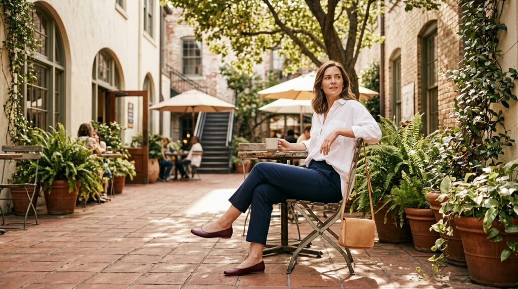 avy ankle trousers, a white button-down shirt, and wine-colored flats in an urban courtyard.