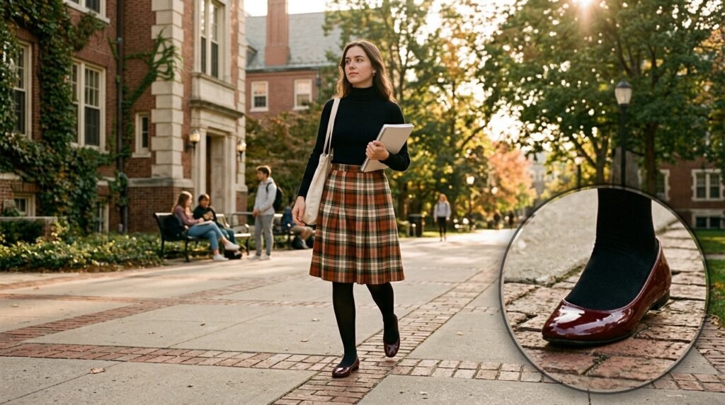 A wool plaid skirt, black tights, a turtleneck, and patent burgundy flats on a campus walkway.