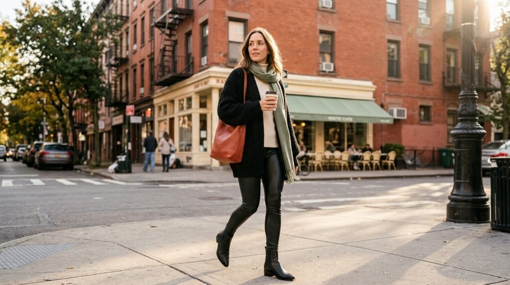 A person wearing a black knit cardigan and leather leggings on a city street.