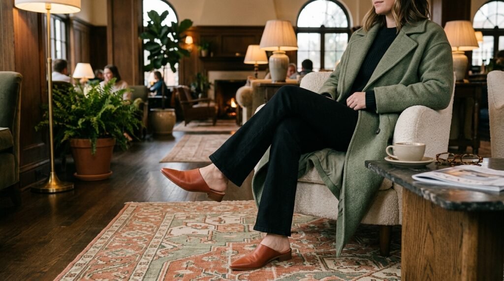 Pointed-toe mules paired with black bootcut jeans and a wool coat in a hotel lounge.