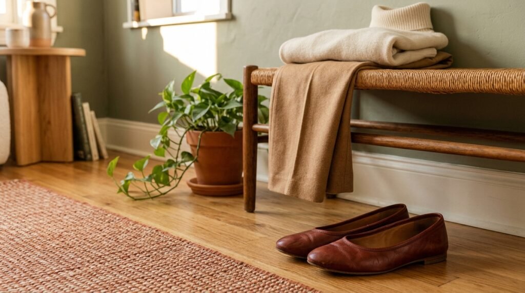 Tailored camel wool trousers, a cream turtleneck, and oxblood flats resting in an apartment.