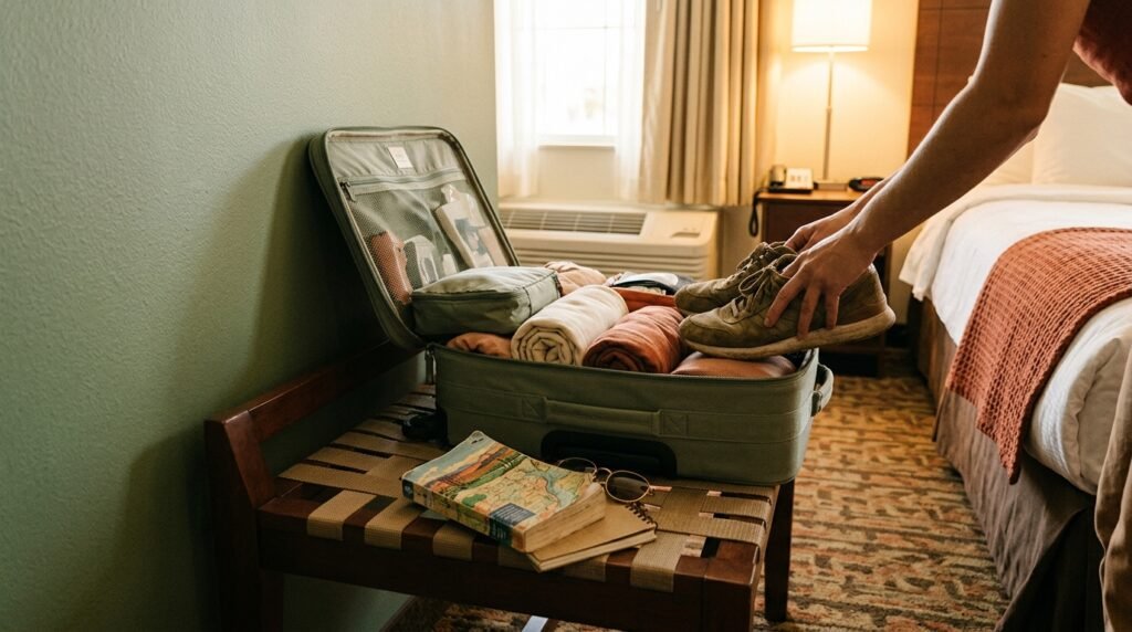 Travel sneakers and a guidebook resting on a wooden hotel luggage bench.