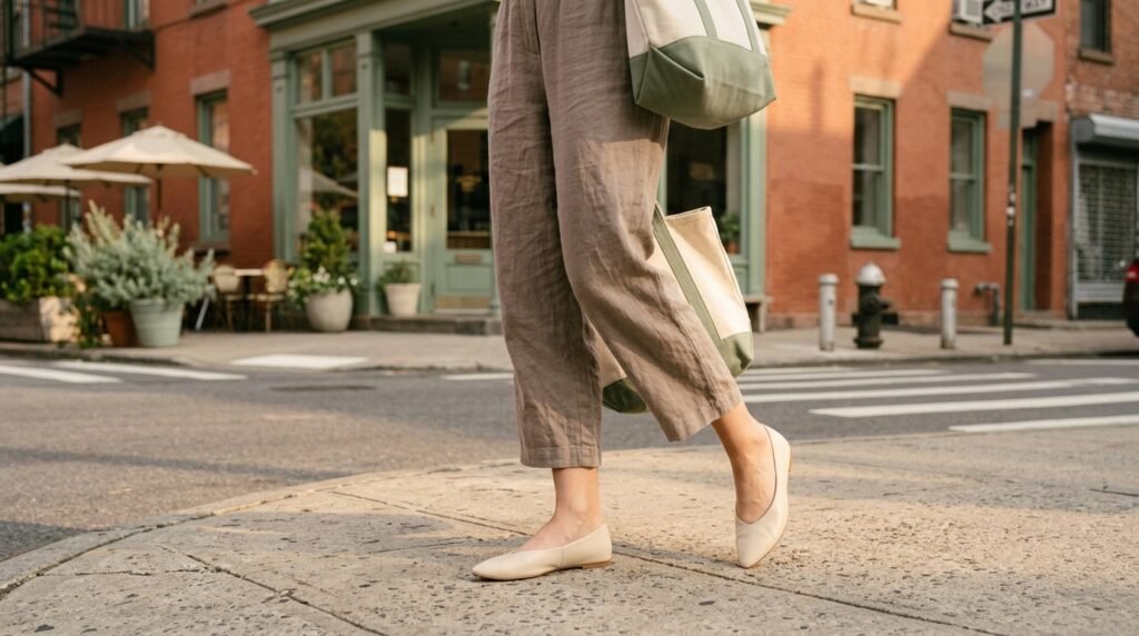 Cropped taupe linen pants and pointed ballet flats on an urban street corner.