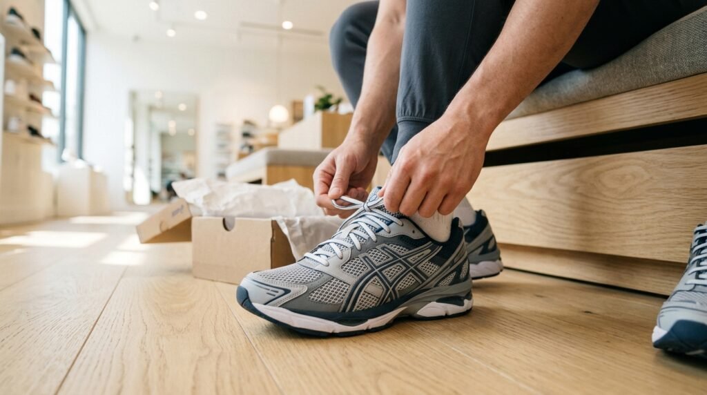 A person adjusting the laces of an athletic sneaker indoors.